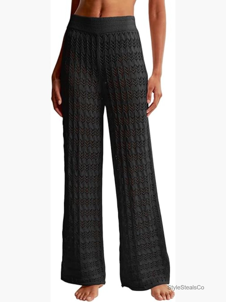 Crochet Cover Up Pants Sheer Mesh High Waist Wide Leg Beach Swimsuit Coverup